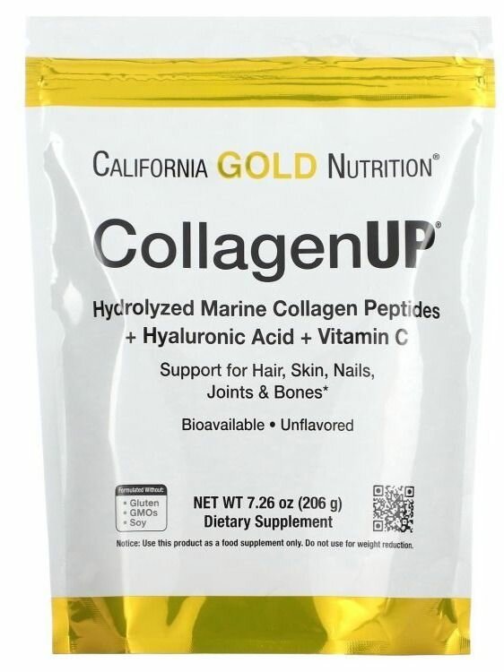 100% iHerb - Коллаген Морской гидролизованный  гиалуроновая кислота и витамин C с нейтральным вкусом California Gold Nutrition Collagen UP 206г