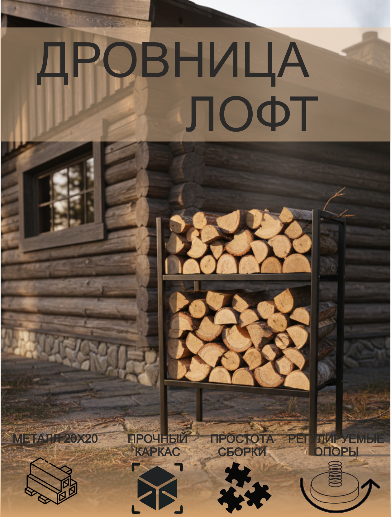 Дровница стиль лофт сталь черная напольная высота 785 см