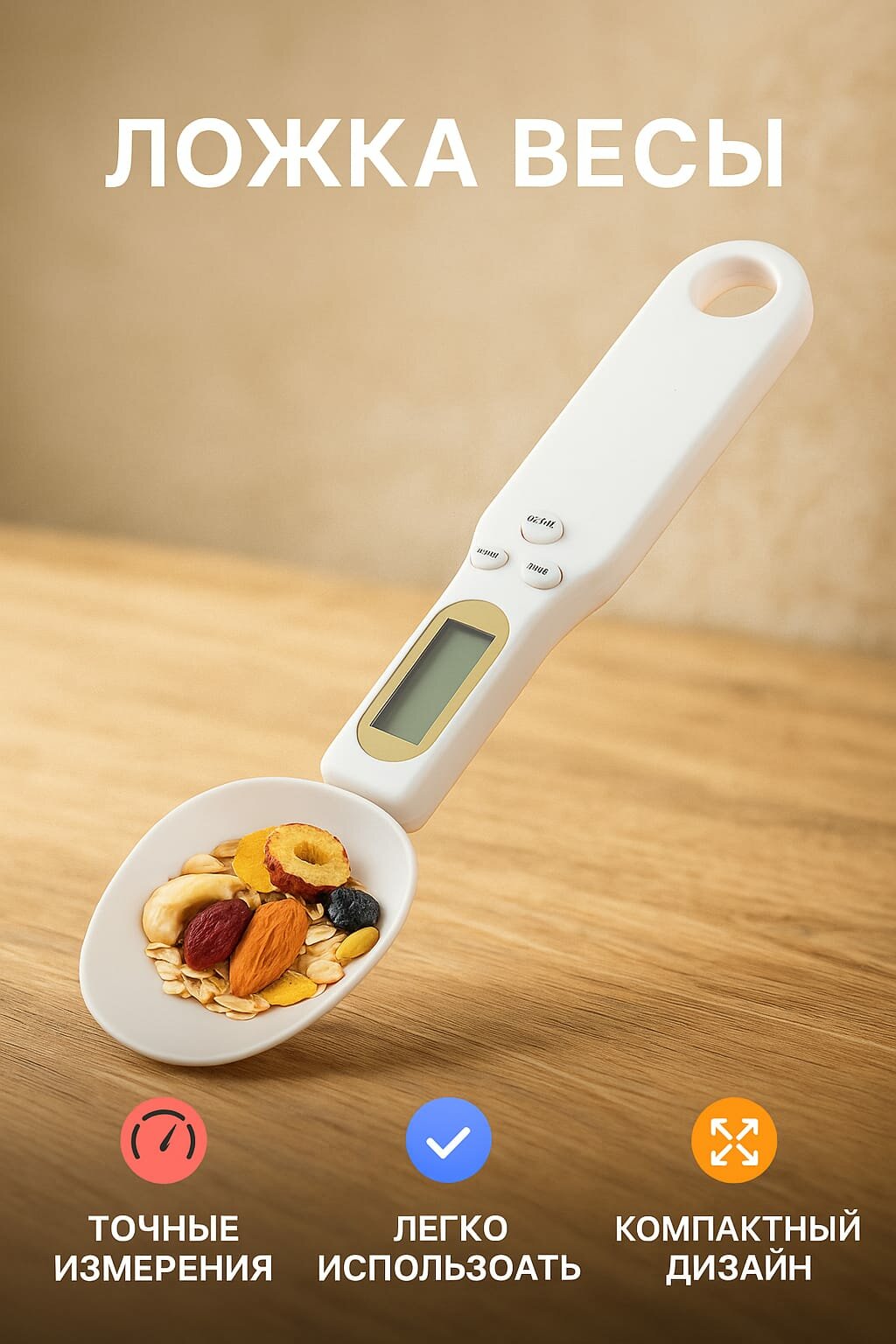 Мерная ложка-Весы Digital Spoon, ЖК-экран, пластик, 2xCR2032, белое
