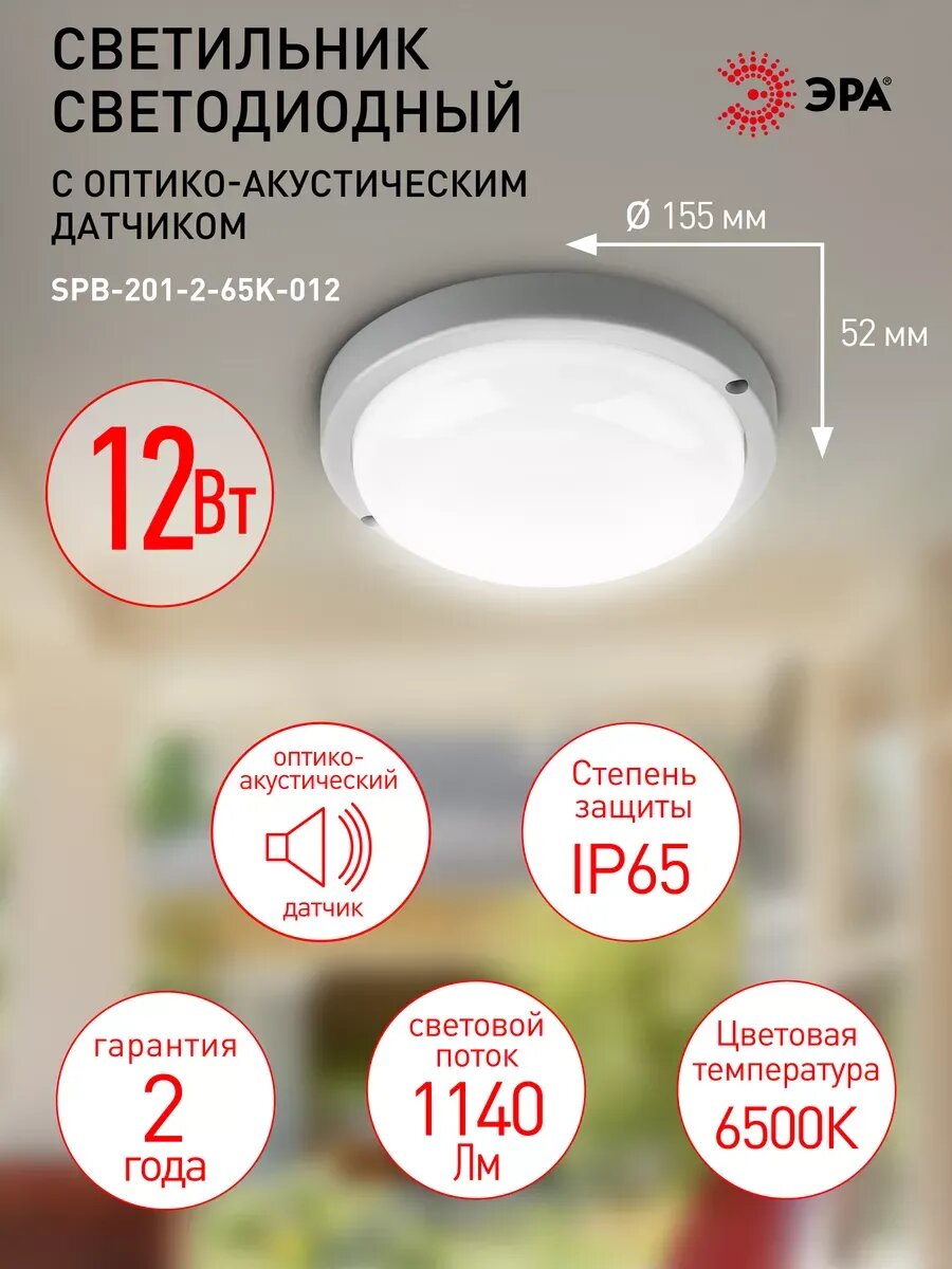 Светильник настенно-потолочный уличный ЭРА SPB-201-2-65K-012 светодиодный IP65 с датчиком 6500К12Вт