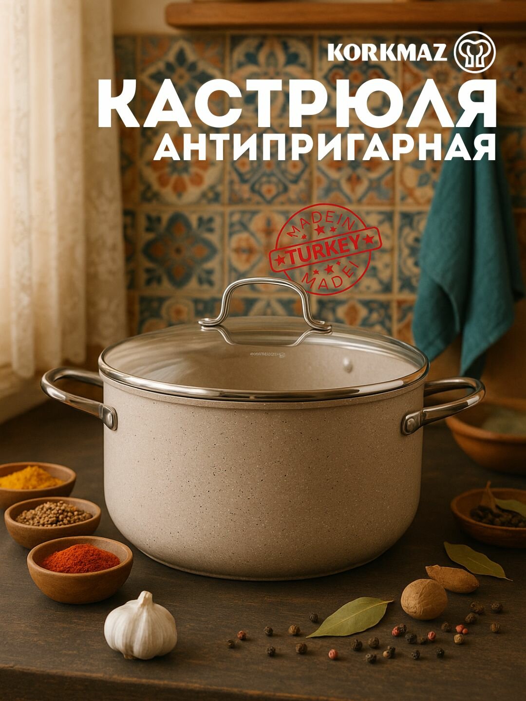 Кастрюля Korkmaz A1260 GRANITA, алюминий, антипригарное покрытие, 3 л, для индукции, с крышкой