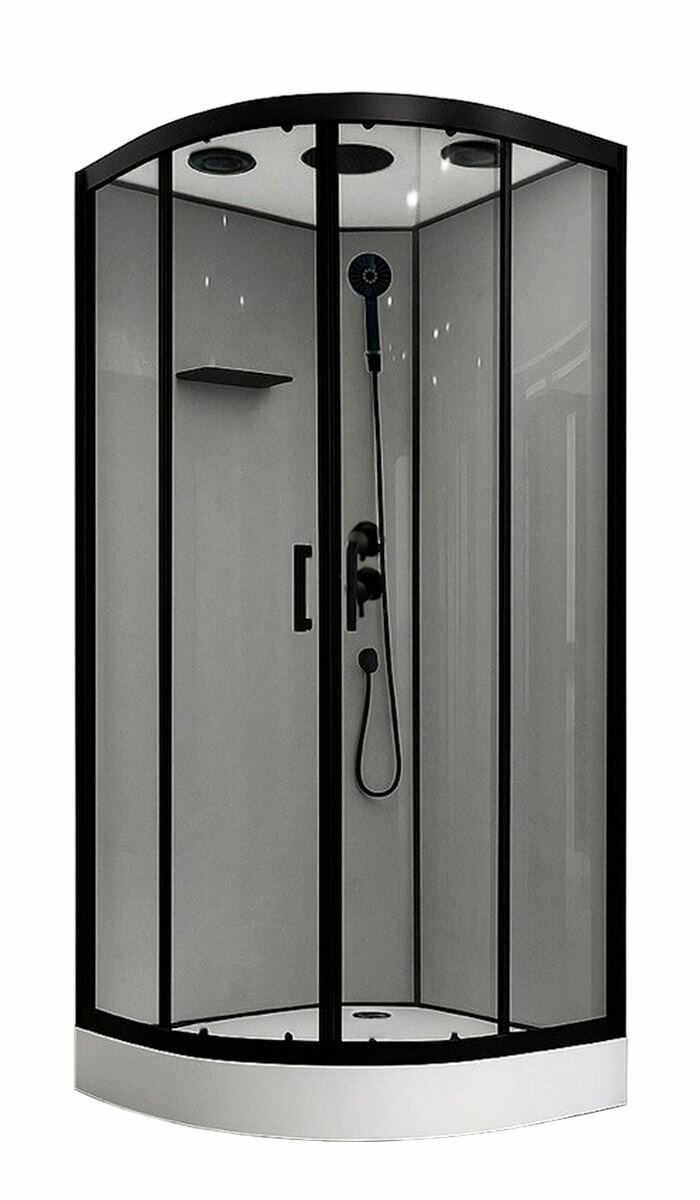 Душевая кабина FATO 90х90х215 стекло прозрачное 5 мм задняя стенка серая профиль черный поддон низкий четверть круга