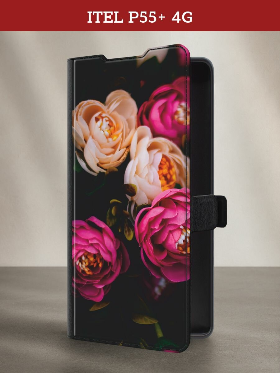 Чехол-книжка на Itel P55 Plus 4G / Ител Р55 Плюс 4G с рисунком "Розовые пионы на черном"