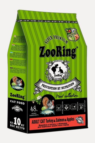 Изображение товара ZooRing Корм сухой для кошек Adult Cat Turkey&Salmon&Apples Индейка и лосось c яблоками, 10 кг
