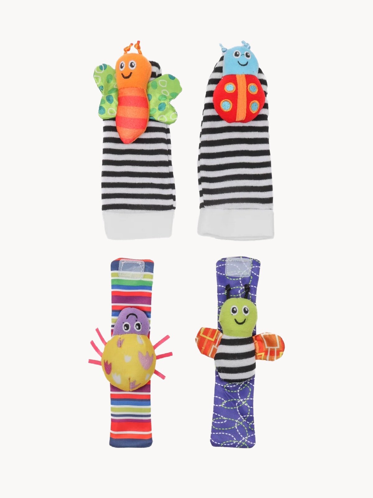 Детские носки-погремушки в комплекте с браслетами, набор развивающих игрушек 4 предмета