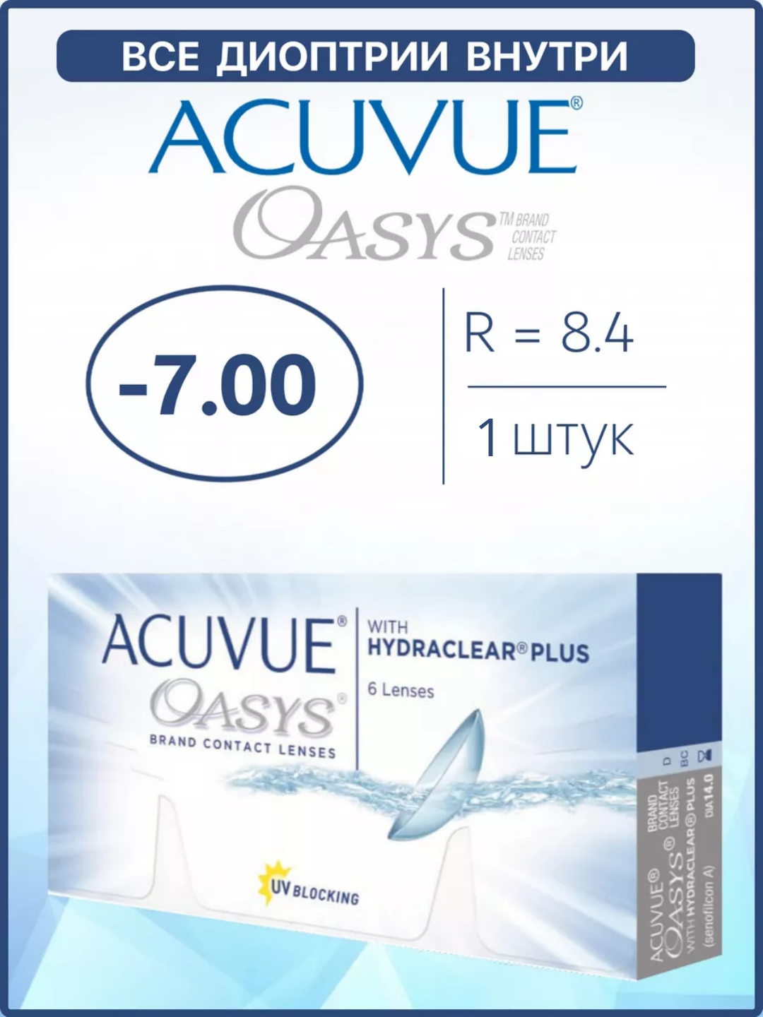 Контактные линзы двухнедельные Acuvue Oasys / Акувью Оазис 1 шт /-7.00 BC 8.4