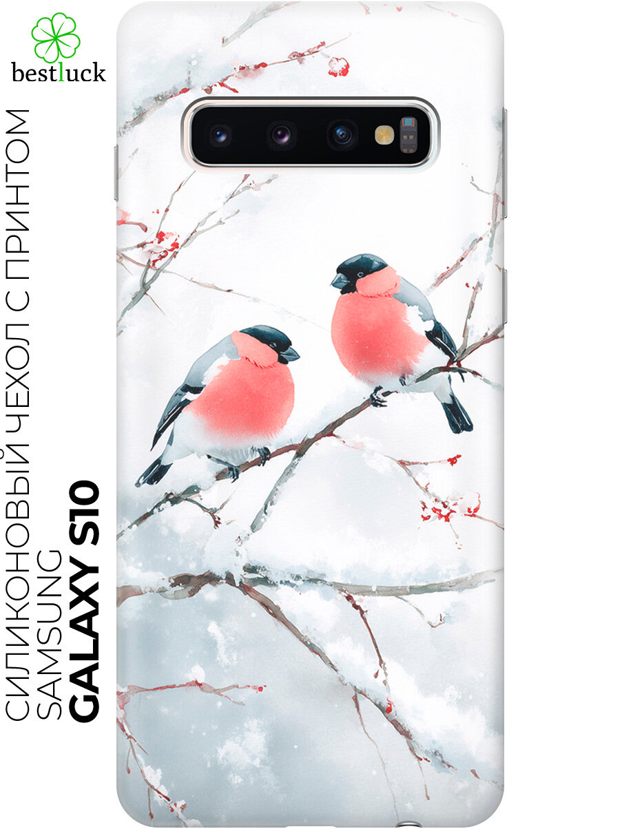 Силиконовый чехол на Samsung Galaxy S10 с принтом "Зимнее танго снегирей"