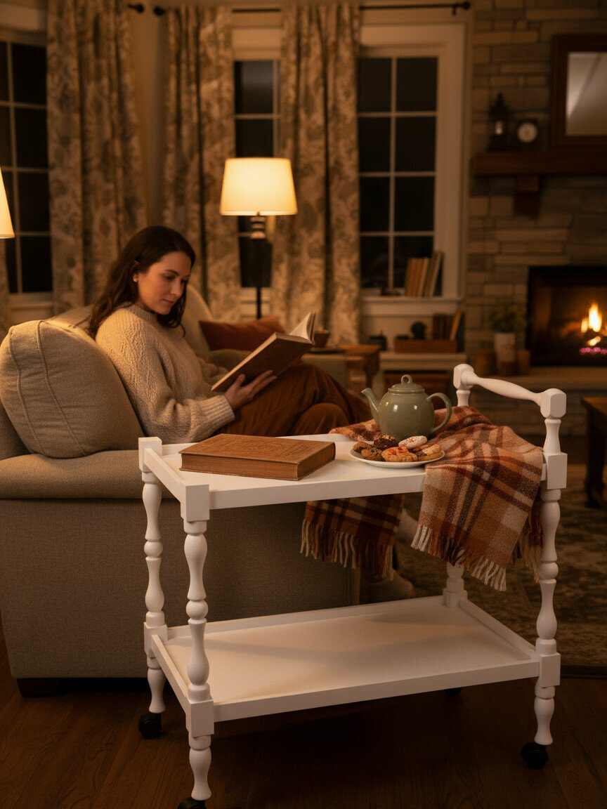 Стол сервировочный IFERS Бридж на колесиках, журнальный, с полкой белый