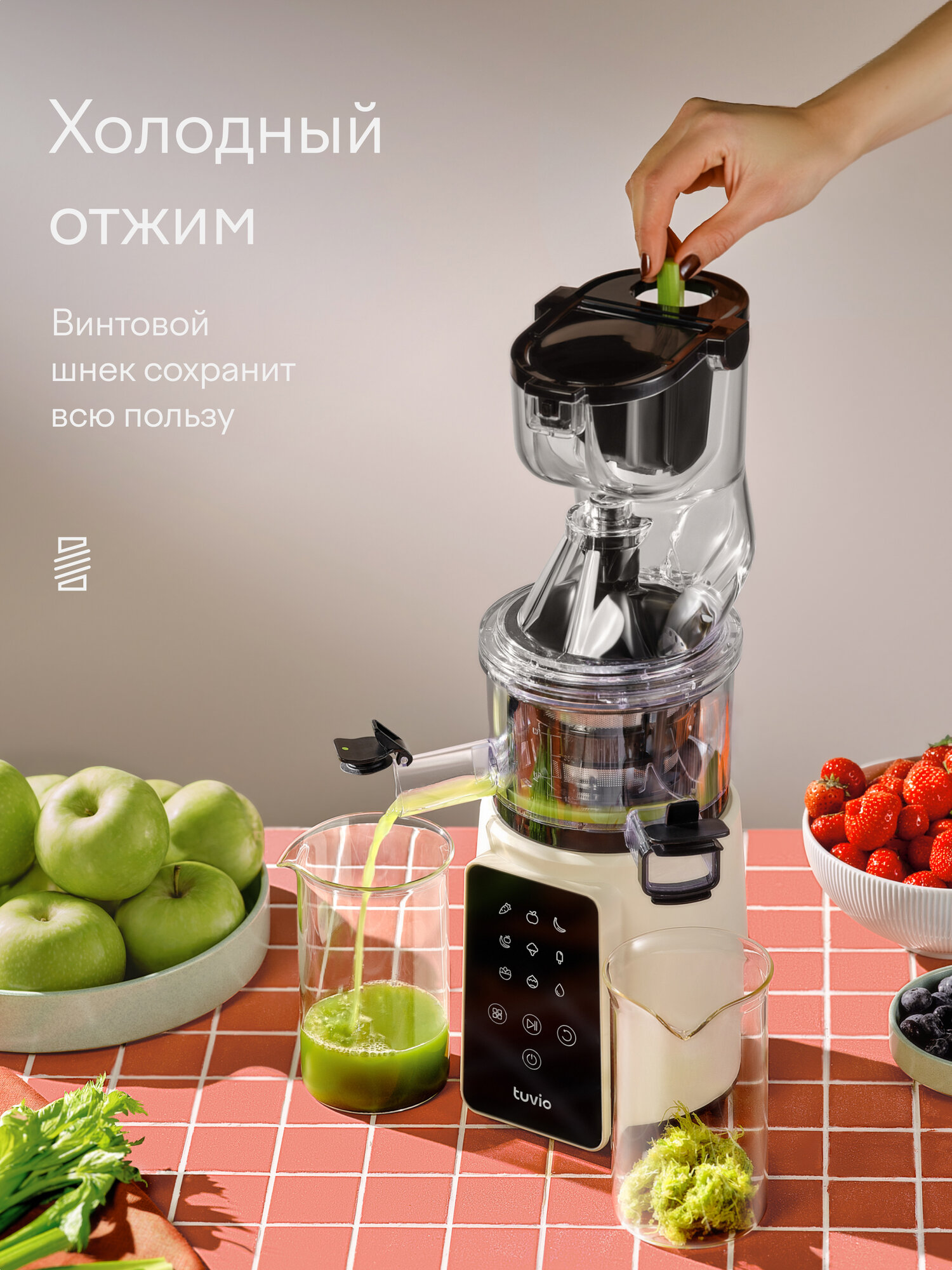 Шнековая соковыжималка с кухонным комбайном Tuvio TJ05PD, бежевая — фото 1
