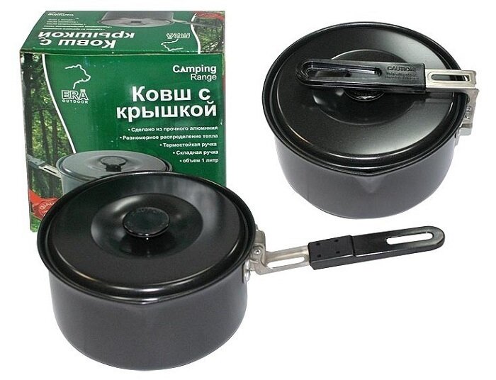 Ковш алюминиевый Era outdoor, с крышкой и складной ручкой, объем 1 литр.