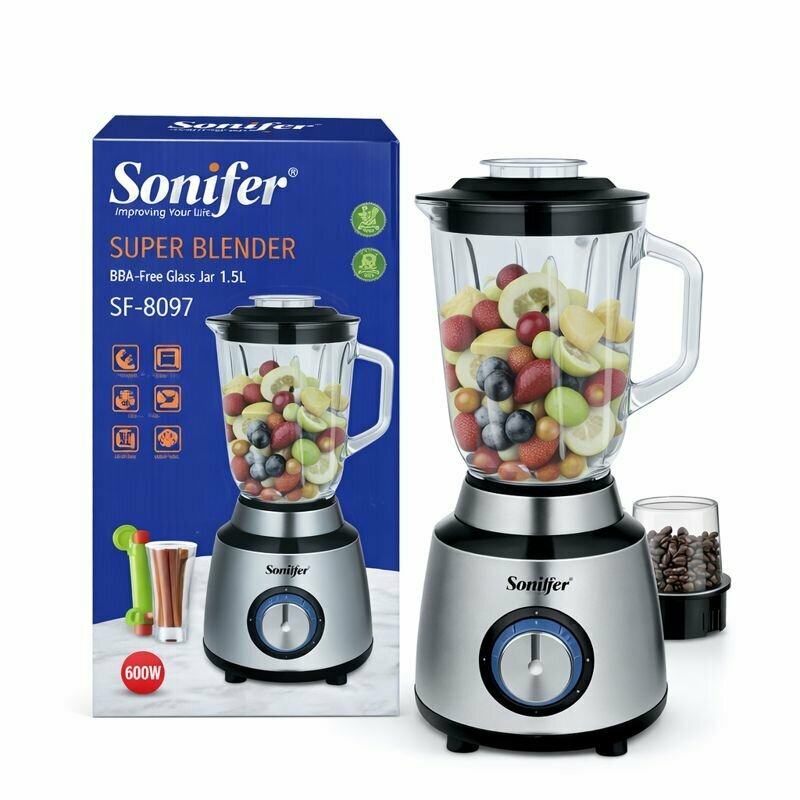 Стационарный блендер Sonifer SF-8097 2-в-1, 600 Вт, стеклянная чаша 1,5 л, с кофемолкой