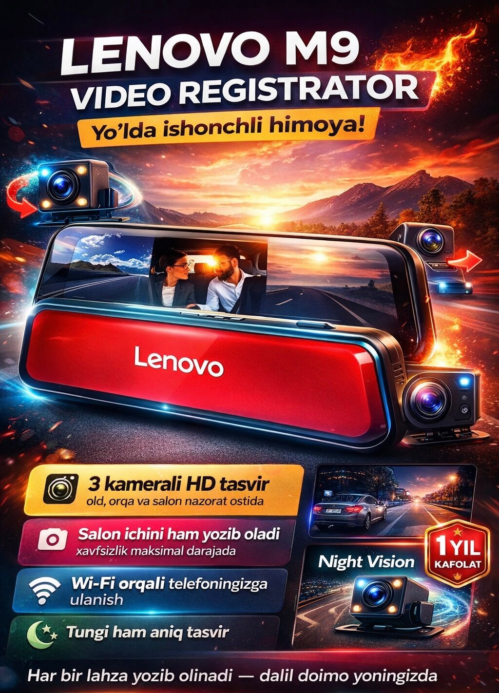 Видеорегистратор Lenovo M9, запись салона, Wi-Fi, ночной режим, Full HD, G-сенсор, microSD