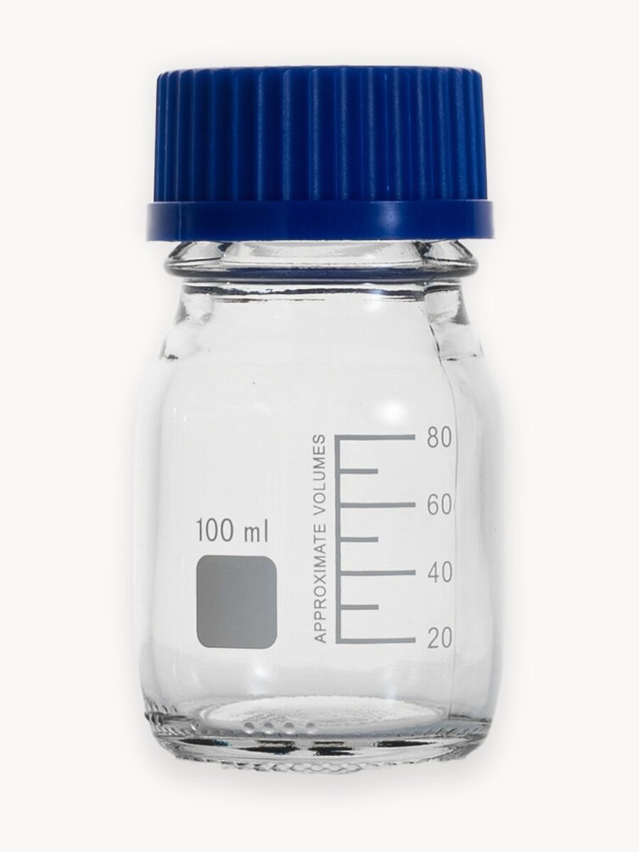 Банка лабораторная 100 мл (из светлого стекла с делениями и навинчивающейся полипропиленовой крышкой) БС-100