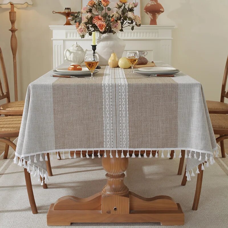 Хлопковая льняная полосатая скатерть с кисточками stripe F 140x300cm