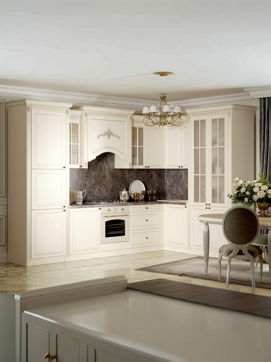 Кухонный гарнитур 2,55х1,15м, угловой с пеналами 0,75 и 0,95м, эмаль патина золото