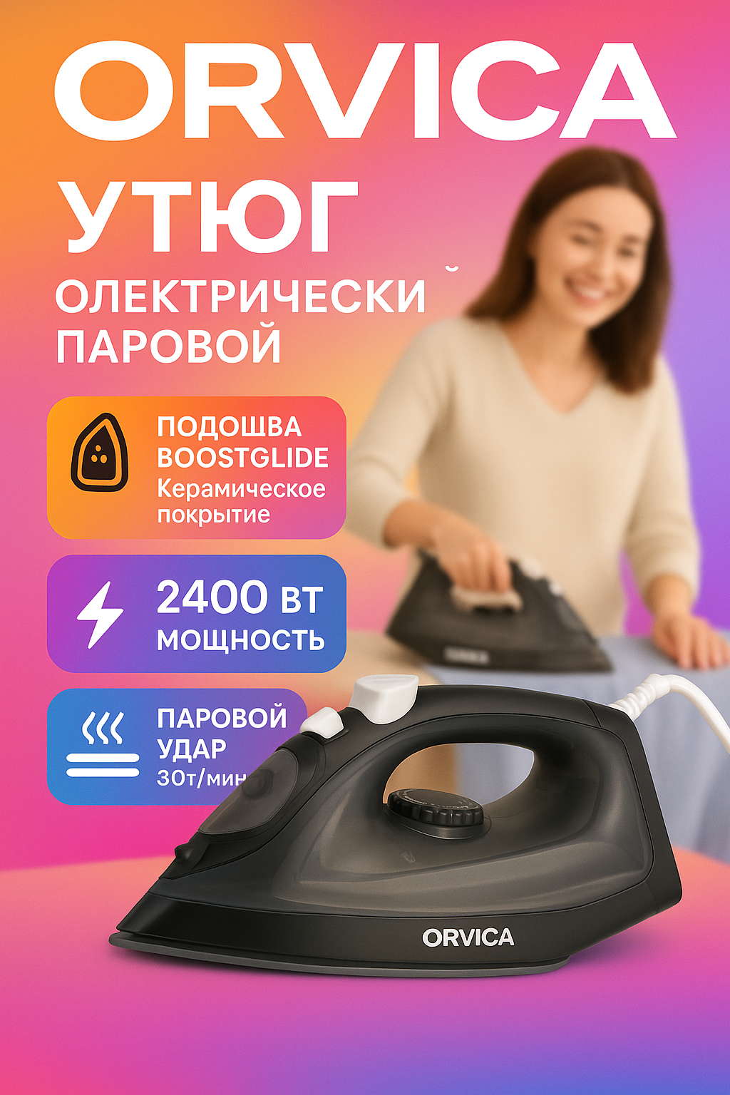 Утюг для глажки, мощный паровой, с антипригарным покрытием и регулировкой температуры