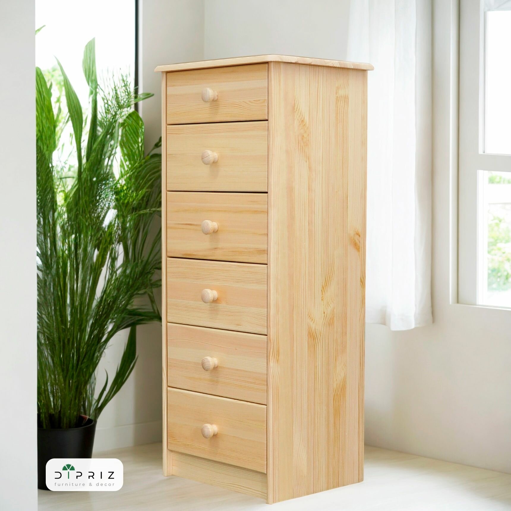 Dipriz Комод высокий Хаба из сосны  6 ящиков  43х34х102 см  прозрачный лак