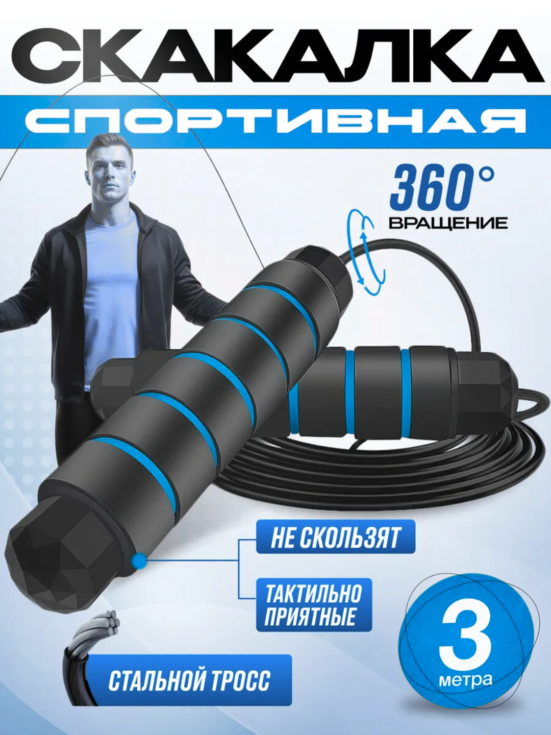 Скоростная спортивная скакалка, для фитнеса, гимнастики и тренировок дома, 2.8 м Синяя