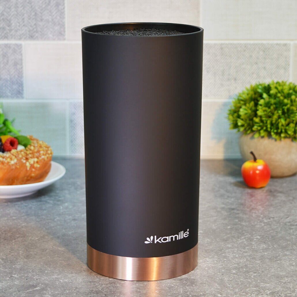 Подставка для ножей kamille круглая 22см × 11см чёрный матовый + медный низ пластик подарок в коробке