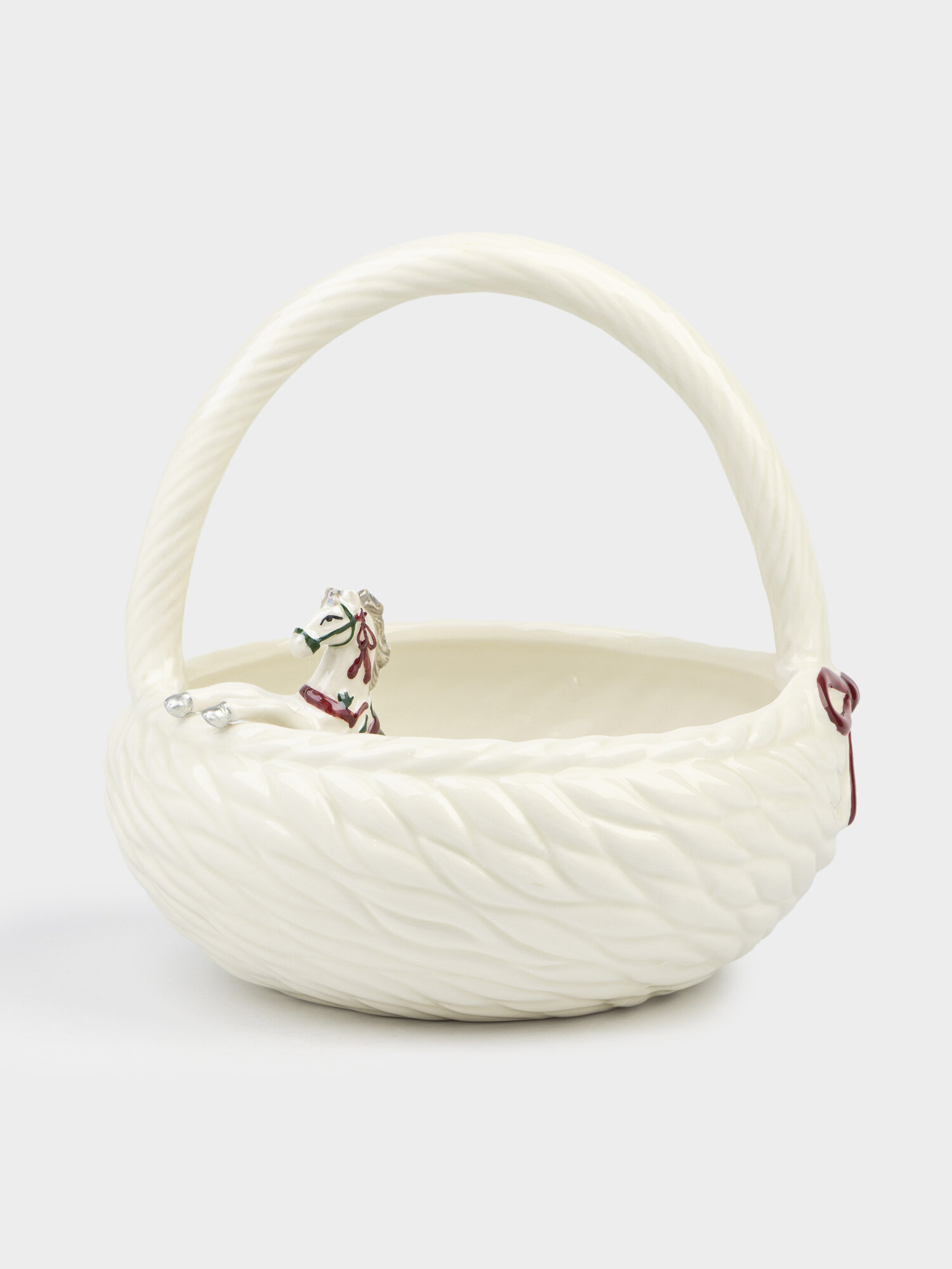 Конфетница 20х20 см с ручкой керамика белая перламутр Лошадка внутри Horse polar