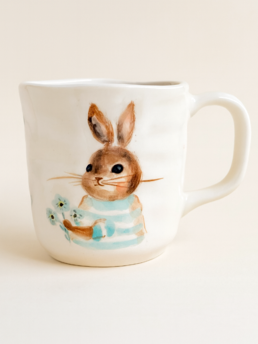 Кружка ручной работы с росписью Зайка с голубыми цветами, фарфор, 350 мл