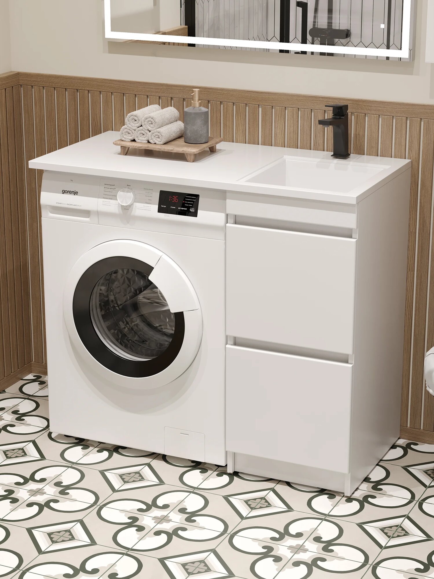 Тумба с раковиной DIWO Тольятти 120 R под стиральную машину напольная 120 2 см с ящиками белая прямоугольная в современном стиле из МДФ из камня