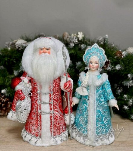 Изображение товара АртМороз Дед мороз и Снегурочка русские 33см; новогодняя игрушка под ёлку; авторская кукла ручной работы