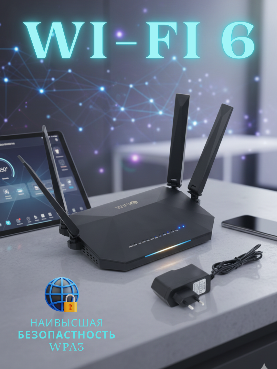 Роутер VORTEX WiFi 6, black, внешний модем, 2 диапазона 2.4 и 5 ГГц