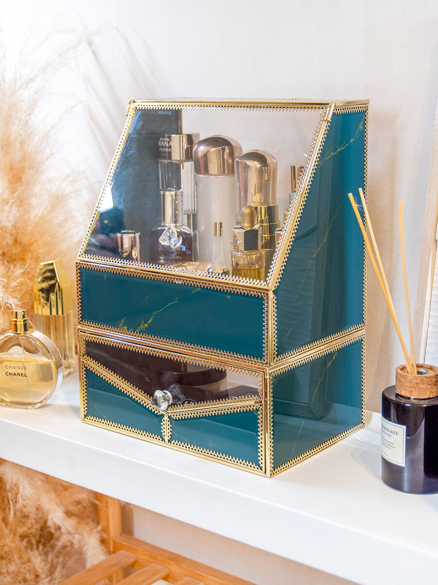 Органайзер для косметики Joli Angel SR-860 стекло зеленый мрамор + прозрачный / золото 24х16х30см