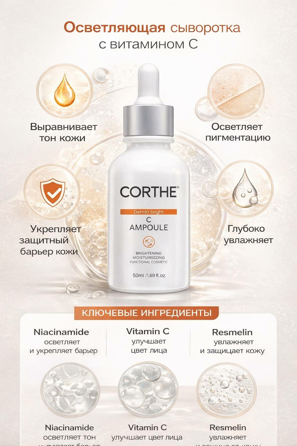 CORTHE dermo bright C ampoule-осветляющая ампула с витамином С