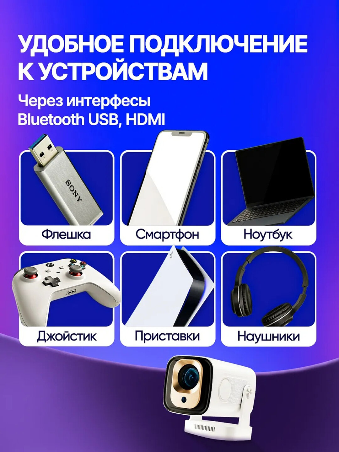 Смарт видео проектор Mini ✨ Wi-Fi, Bluetooth, HD/4K, до 150″ — фото 1