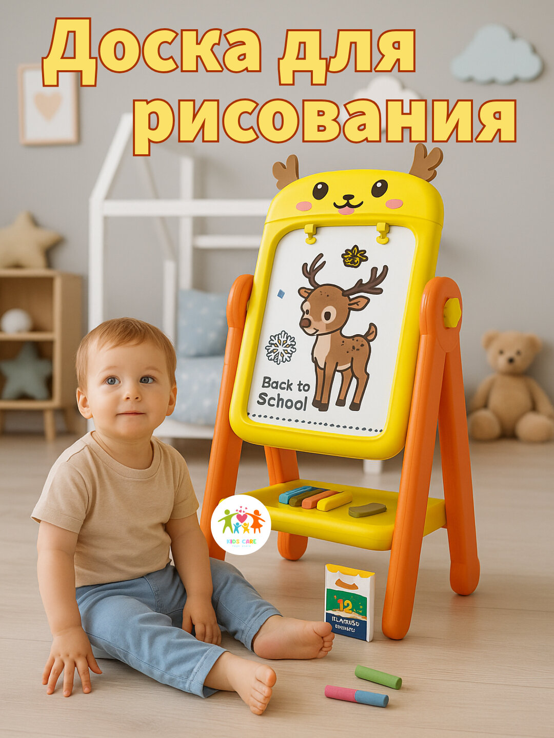 Доска для рисование полный комплект магнитные буквы стирающий маркер мел желтая