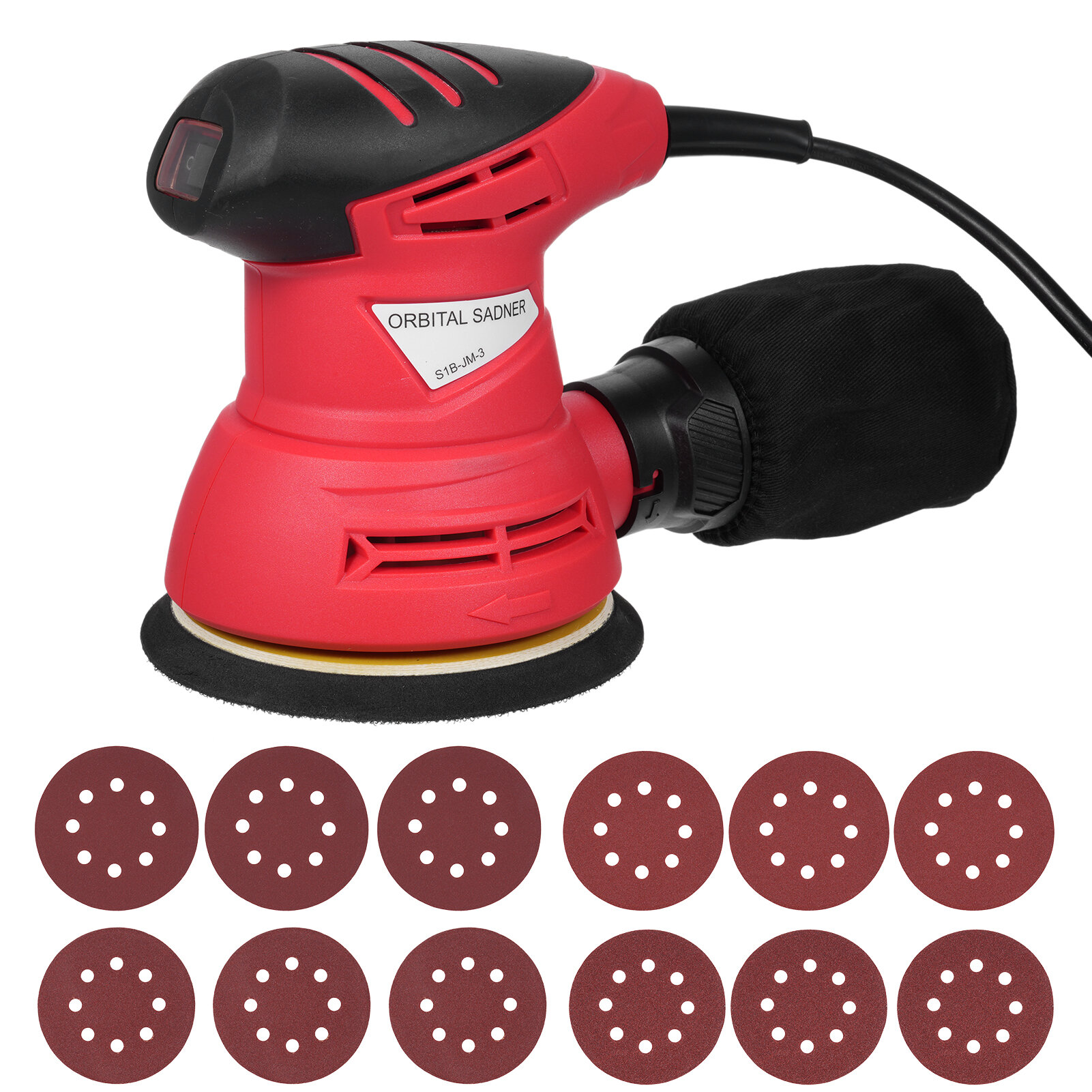 5-дюймовая эксцентриковая шлифовальная машина, 12 листов наждачной бумаги, 240 Вт/2,0 А, 12000 об/мин, высокоэффективная круговая система пылеудаления для деревообработки, включая мешки.
