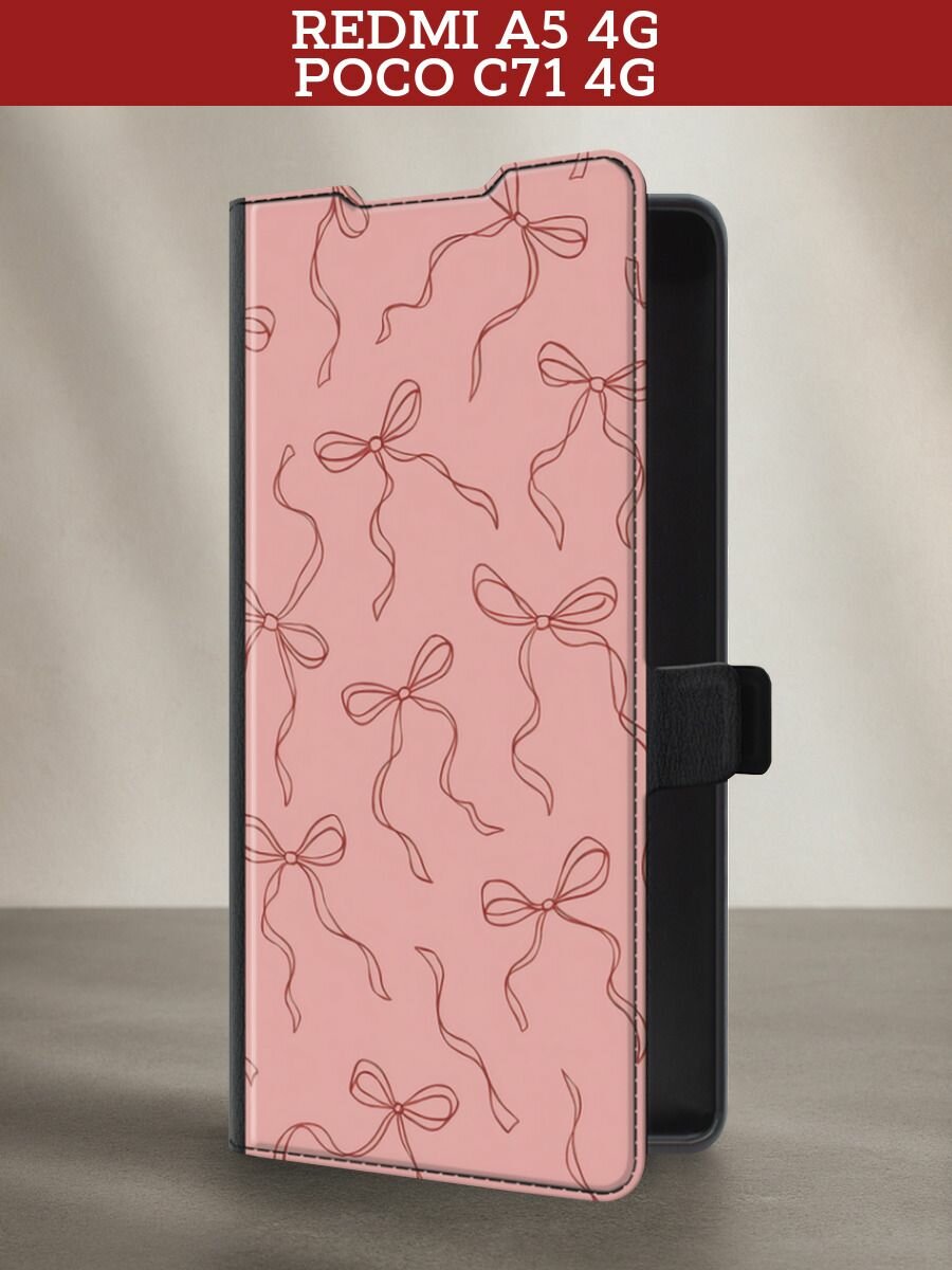 Чехол-книжка на Redmi A5 4G/Poco C71 4G / Редми А5 4G/Поко С71 4G с принтом Милые бантики паттерн, черный