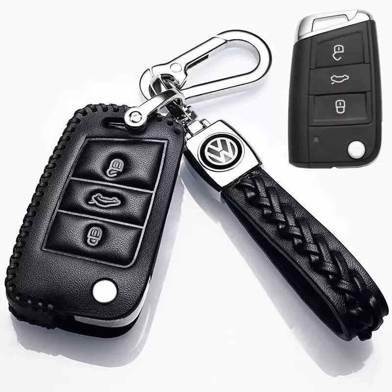 Кожаный чехол для ключа Volkswagen Taigo 2026, полуоткрытый чехол, черный, совместим с ручным включением ключа