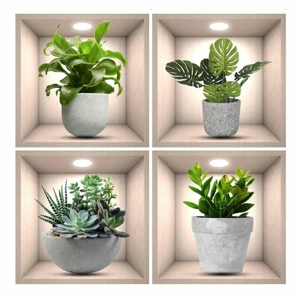 4 шт. 3D наклейки на стену растений