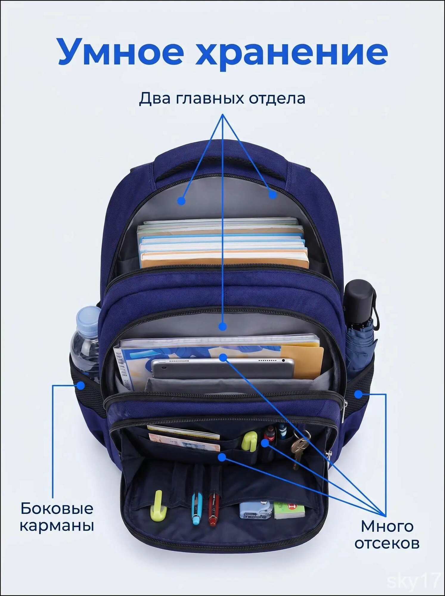 Рюкзак городской синий для мальчиков и взрослых, эргономичные лямки, молния, внешний карман для бутылки, вмещает формат — фото 1