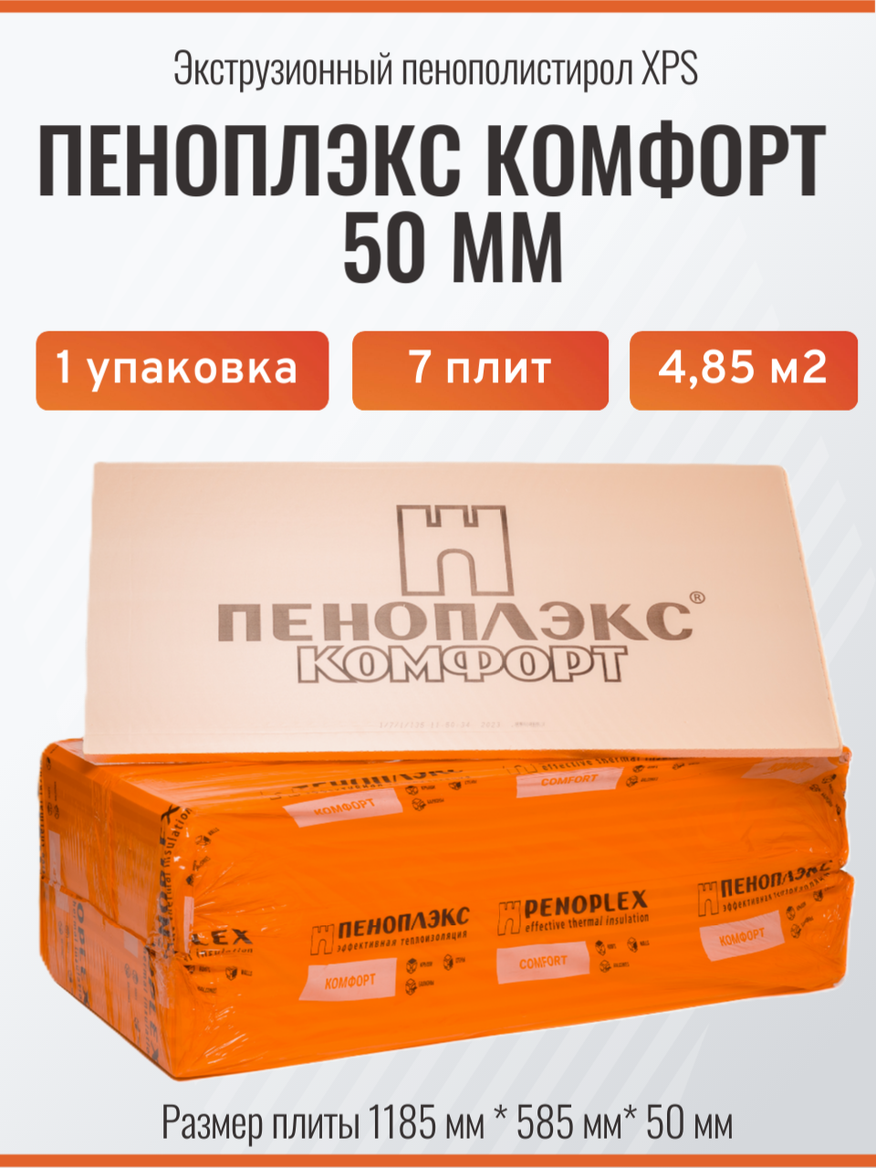 Пеноплекс Комфорт 50 мм (7 плит/1 упаковка/4,85 м2) , утеплитель для стен, крыши, пола, экструзионный пенополистирол