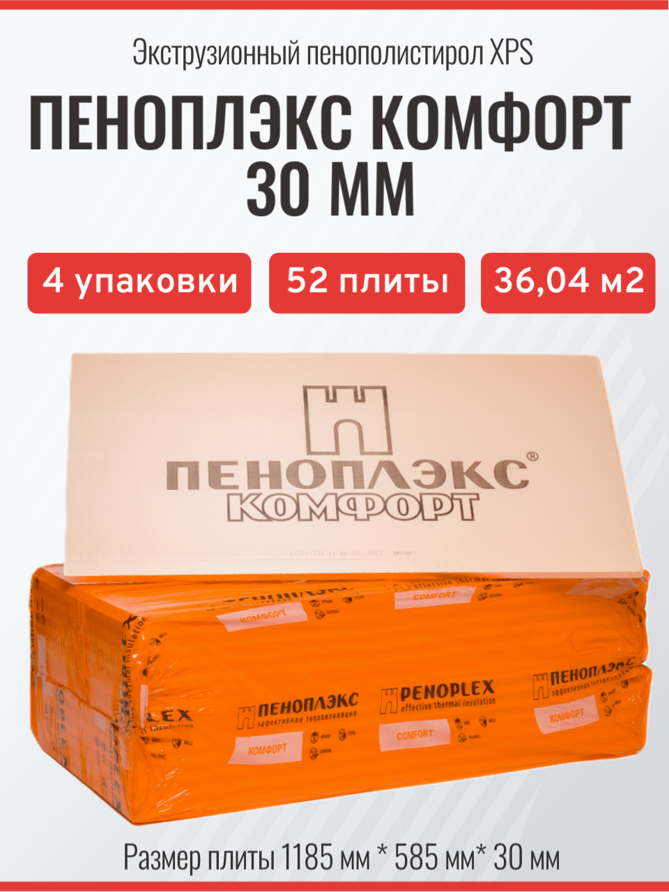 Пеноплекс Комфорт 30 мм (52 плиты/4 упаковки/36.04 м2), утеплитель для стен, крыши, пола, экструзионный пенополистирол