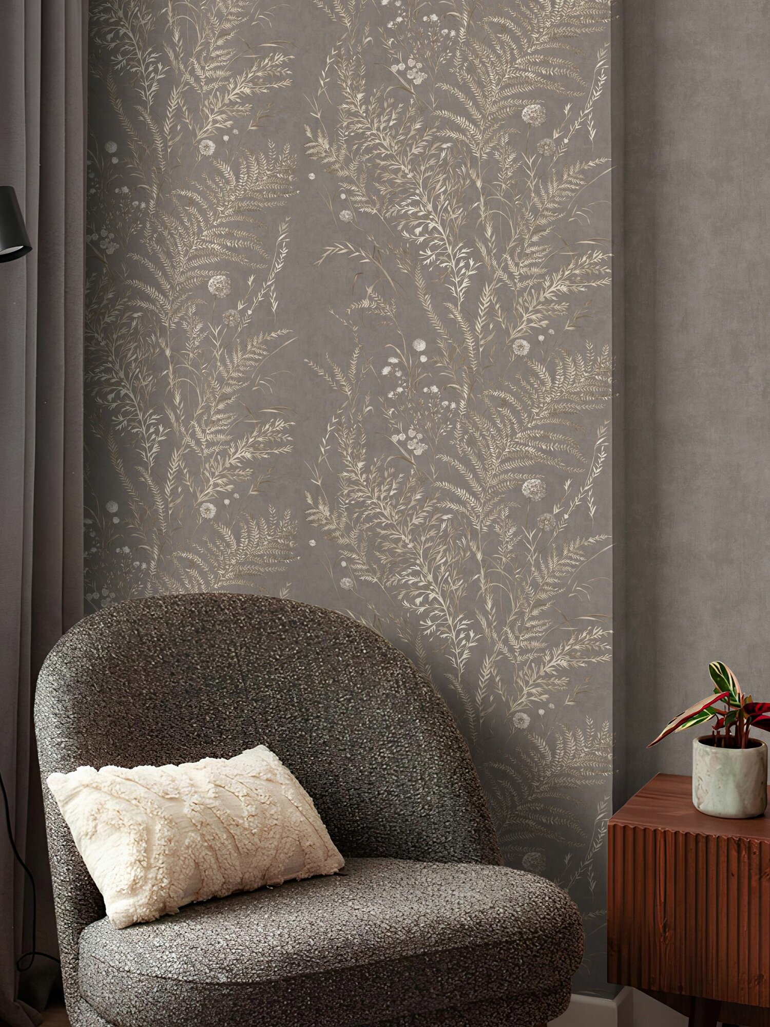 Обои винил горячего тиснения моющиеся на флизелиновой основе Marvig Левита 1.06м х 10.05м растения серо-коричневый какао с блестками 00102819