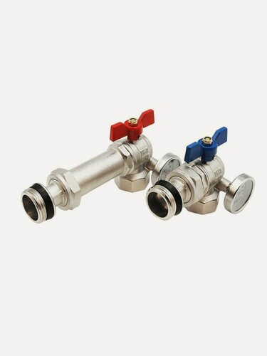Изображение товара Краны шаровые угловые 1" с полусгонами и термометрами для коллекторных групп (пара) M329-4 TIM