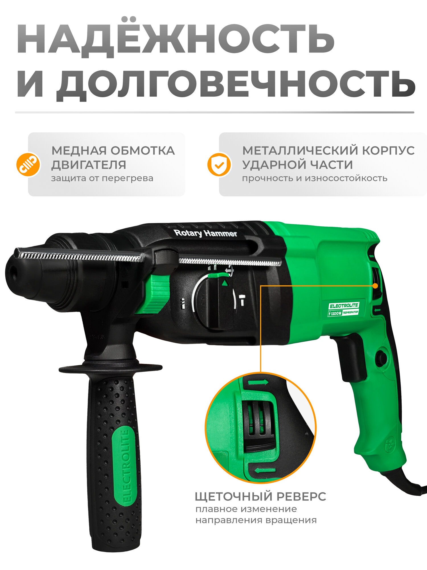 Перфоратор ELECTROLITE П 1100 EL ( 1100 Вт, 4,2 Дж, 3 режима, SDS +, кейс, набор буров ) — фото 1