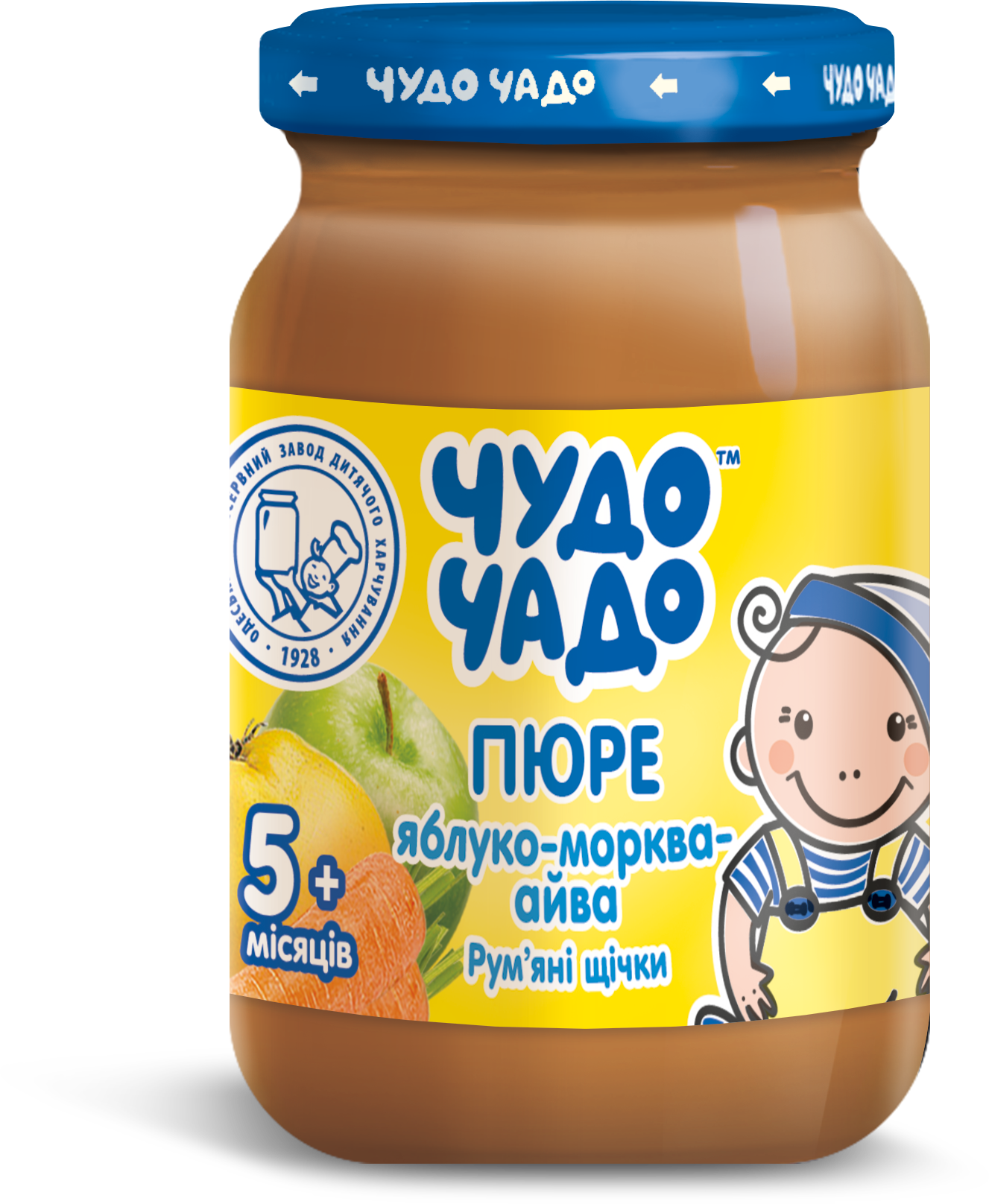 Фруктово-овощное пюре «Чудо-Чадо» яблоко-морковь-айва с сахаром и витамином С для детей с 5 месяцев, 170 г