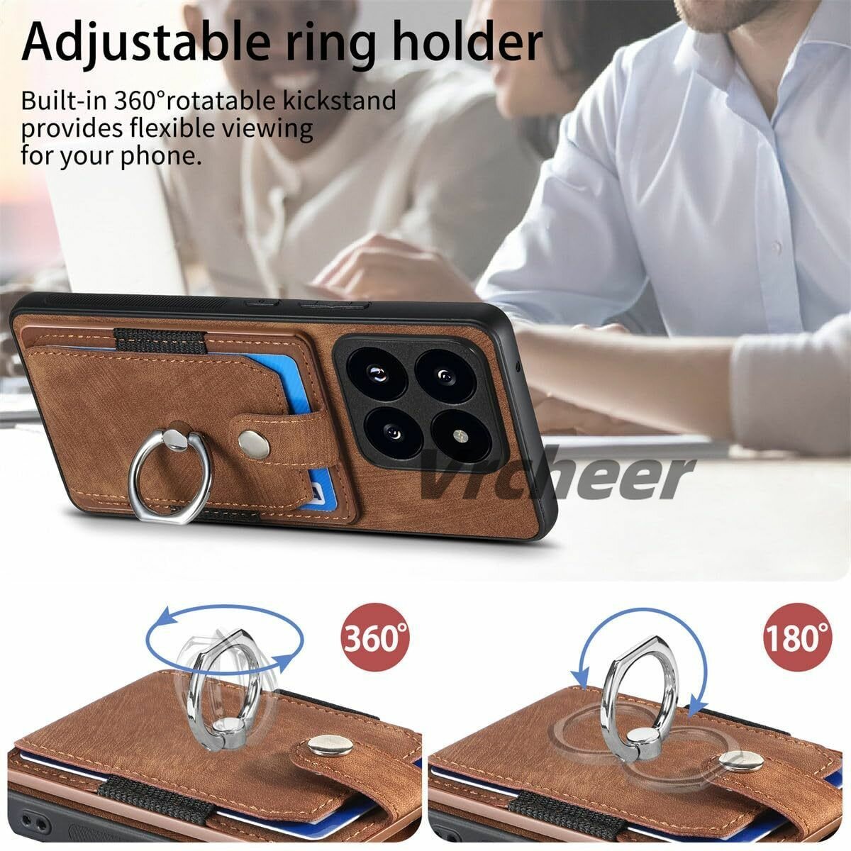 Подносы И Подставки Xiaomi Чехол кожаный на Xiaomi 14T Pro (Сяоми 14Т Про) c карманом и подставкой, автомобильный магнитный держатель для телефона, защитный, противоударный(коричневый)