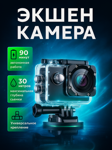 Изображение товара Экшен камера 4к, экшн-камера 4k с микрофоном, wifi приложение, водонепроницаемый чехол, универсальное крепление, черный