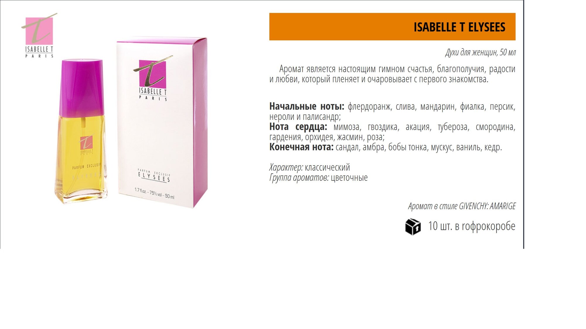 Духи Isabelle T Elysees Alain Aregon, женские, цветочные, 50мл