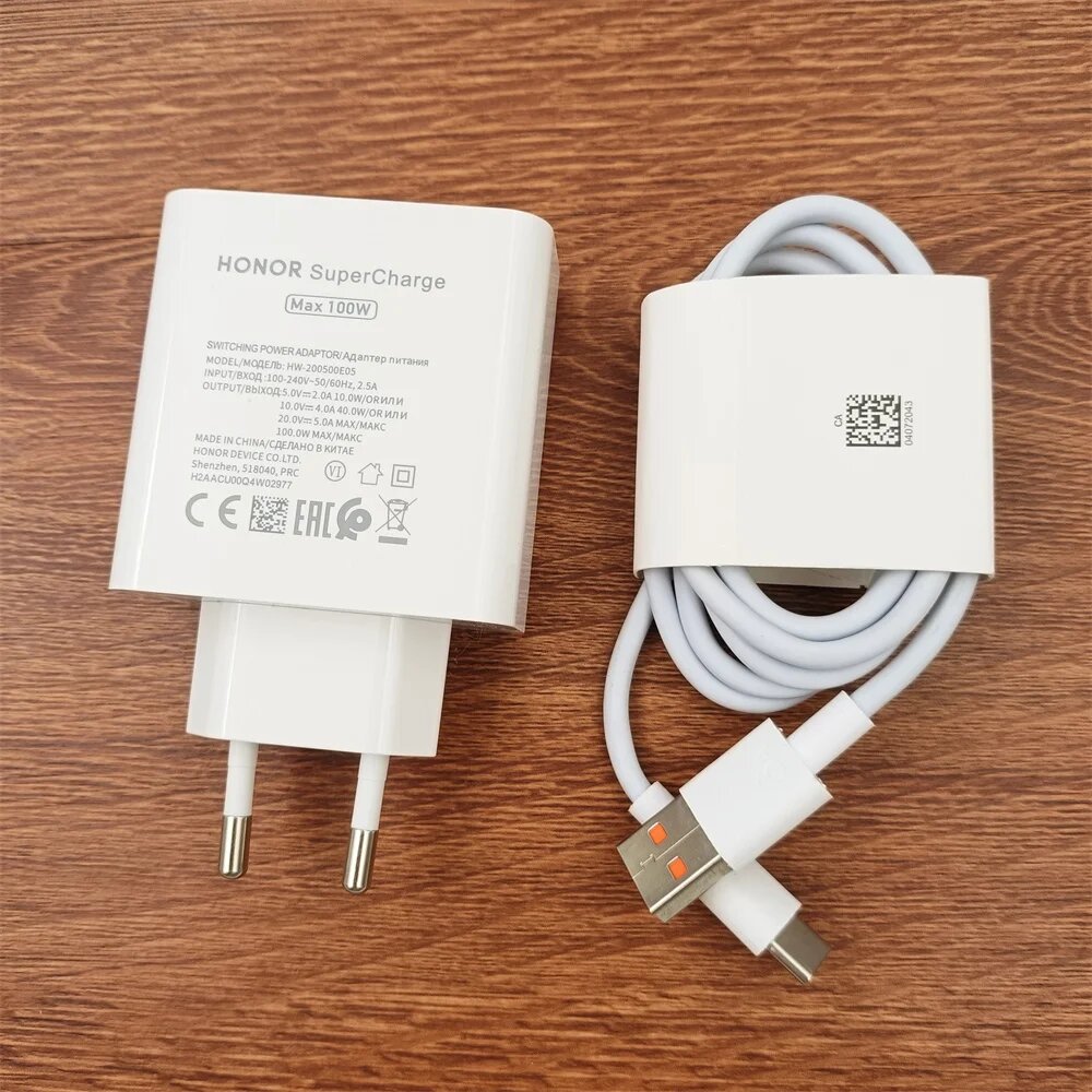 Оригинальное зарядное устройство для Honor 100 Вт сверхбыстрая зарядка настенный адаптер европейского стандарта 6 А кабель USB типа C для Honor 200 100 90 80 70 60 Pro 50 SE White EU charger and cable