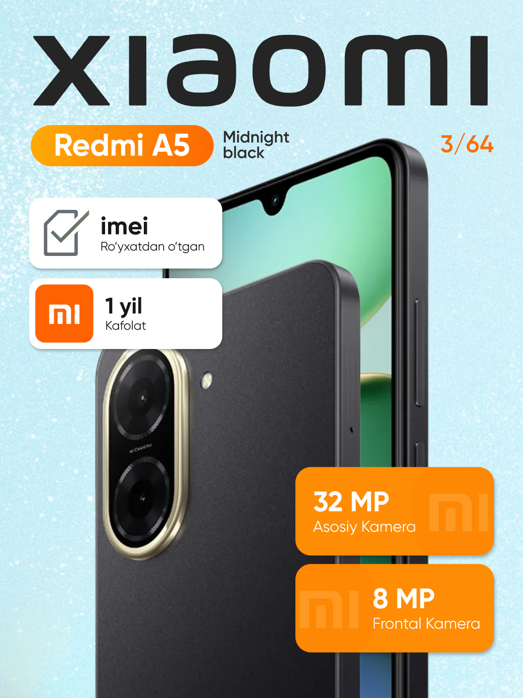 Смартфон Xiaomi Redmi A5 3/64GB, дисплей 6.88" IPS, 32mp камера, 5200 mAh, Midnight Black