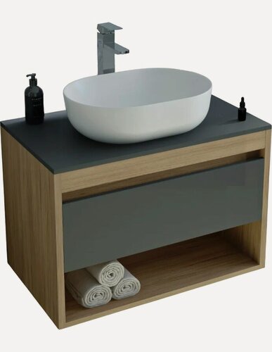 Изображение товара Тумба с раковиной Teymi Ritta 65 подвесная, 65 см, со столешницей, серая, светлое дерево, матовая, из МДФ, с ящиками, раковина для ванной, фарфоровая, овальная