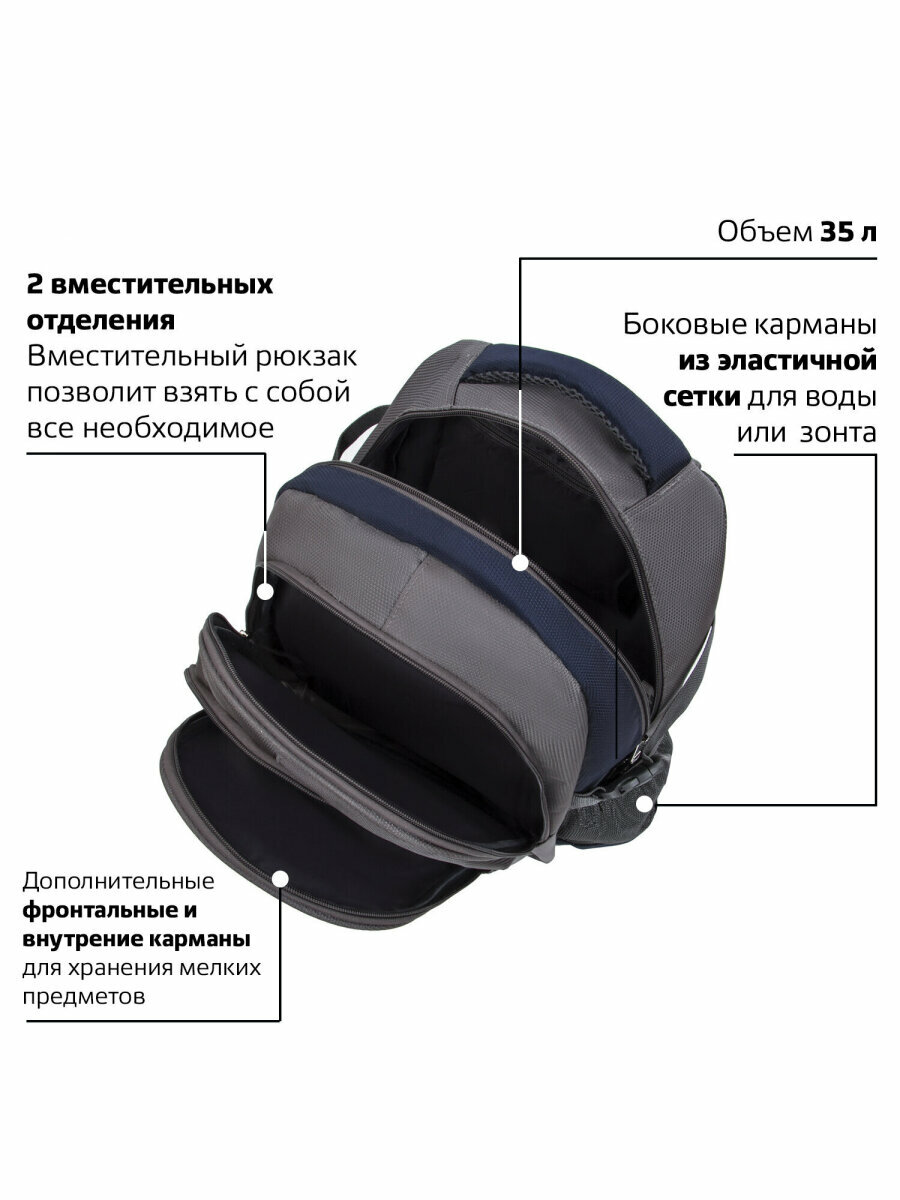 Рюкзак для школы и офиса BRAUBERG "MainStream 1", 35 л, размер 45х32х19 см, ткань, серо-синий, 224445 - фото №2